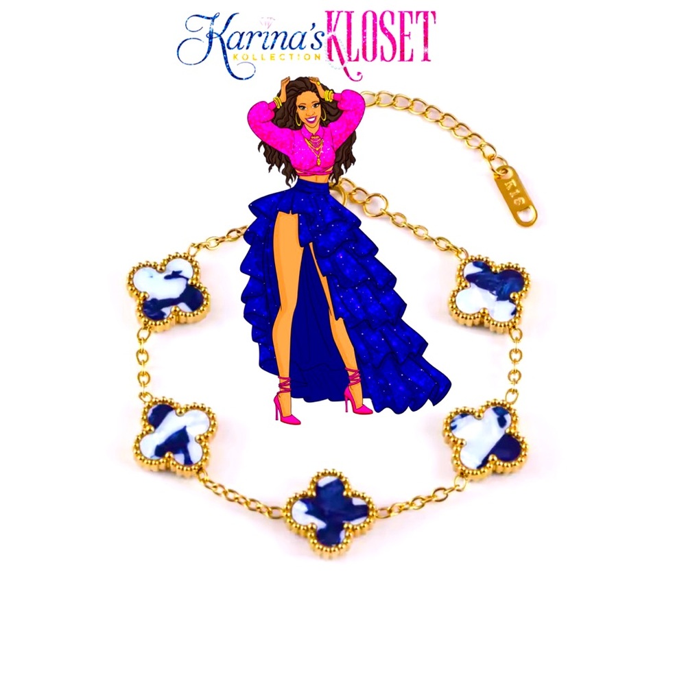 Royal Blue Sapphire Marble Gold & Mother of Pearl Clover Bracelet, 18 Karat Gold